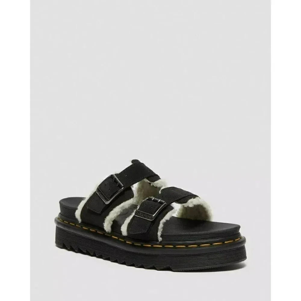 Dr. Martens Myles Sandals Unisex US M11 W12 Black Suede Faux Fur  Platform Slide